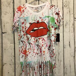 Red Lip multicolor Top with Fringe cut large statement style short sleeve shirt